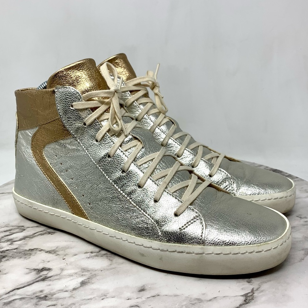 $295 La Montelliana Sandy Silver and Gold Leather High-Top Sneakers 7/37 Luxe